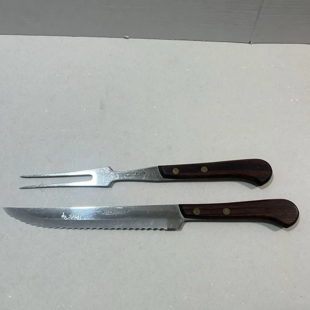 Vintage Lifetime Cutlery Japan 2pc Carving Set Even Sharp Knife & Meat Fork Wood